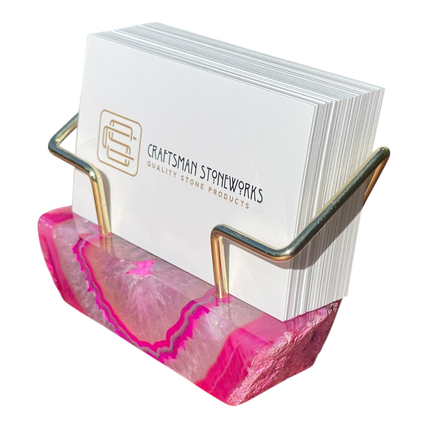 Premium Pink Agate Desk Display Stand with Gold Wire Holder for Professional Office Organization - Holds up to 70 Cards