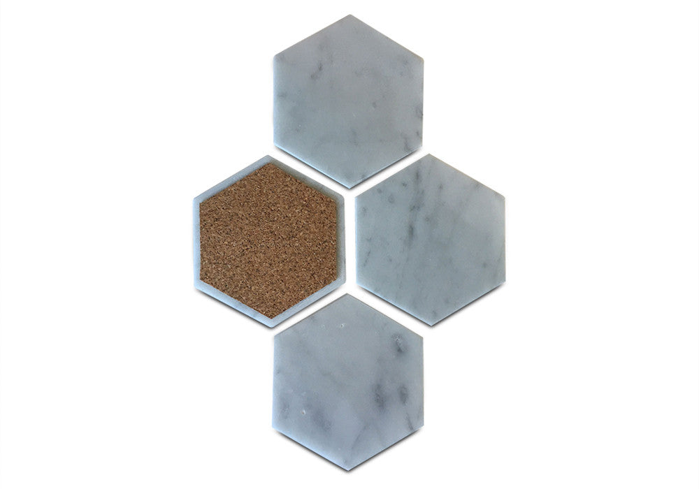 Hexagon Coasters in White Carrara Marble – Geometric Design - Set of 4 Stone Coasters