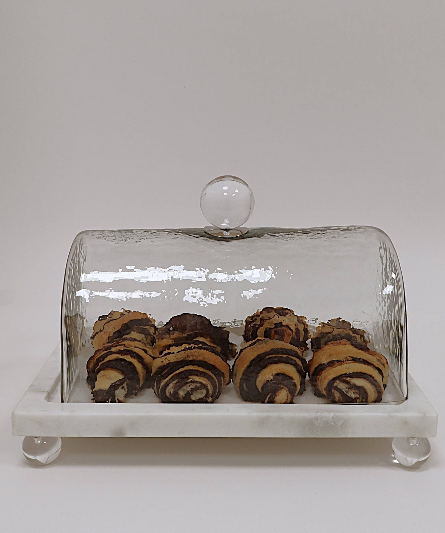 Marble Cake Platter with Glass Cover and White Marble Ball Knob