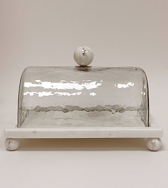 Marble Cake Platter with Glass Cover and White Marble Ball Knob