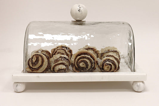 Marble Cake Platter with Glass Cover and White Marble Ball Knob