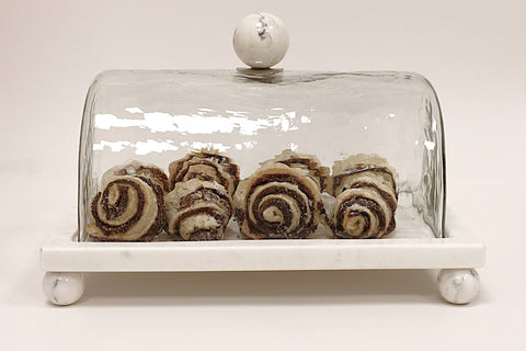 Marble Cake Platter with Glass Cover and White Marble Ball Knob