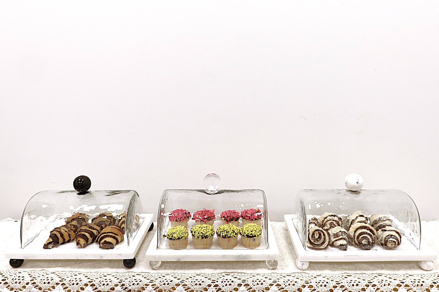 Marble Cake Platter with Glass Cover and White Marble Ball Knob