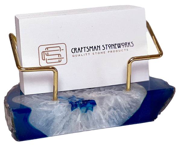 Premium Blue Agate Desk Display Stand with Gold Wire Holder for Professional Office Organization - Holds up to 70 Cards