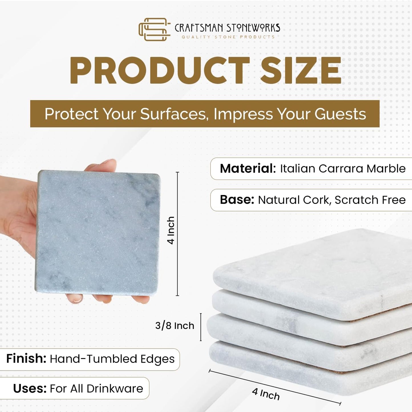 Marble Coasters – White Carrara Marble Stone Coasters Set of 4