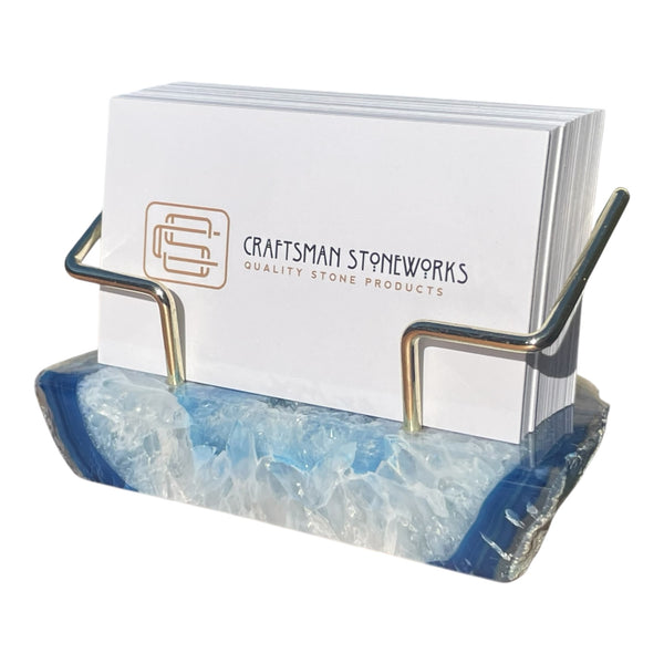 Premium Blue Agate Desk Display Stand with Gold Wire Holder for Professional Office Organization - Holds up to 70 Cards
