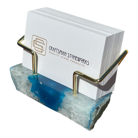 Premium Teal Agate Desk Display Stand with Gold Wire Holder for Professional Office Organization - Holds up to 70 Cards