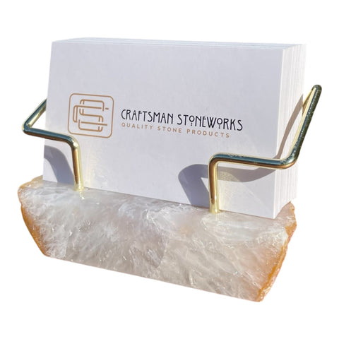 Premium Natural Un-Dyed Agate Desk Display Stand with Gold Wire Holder for Professional Office Organization - Holds up to 70 Cards