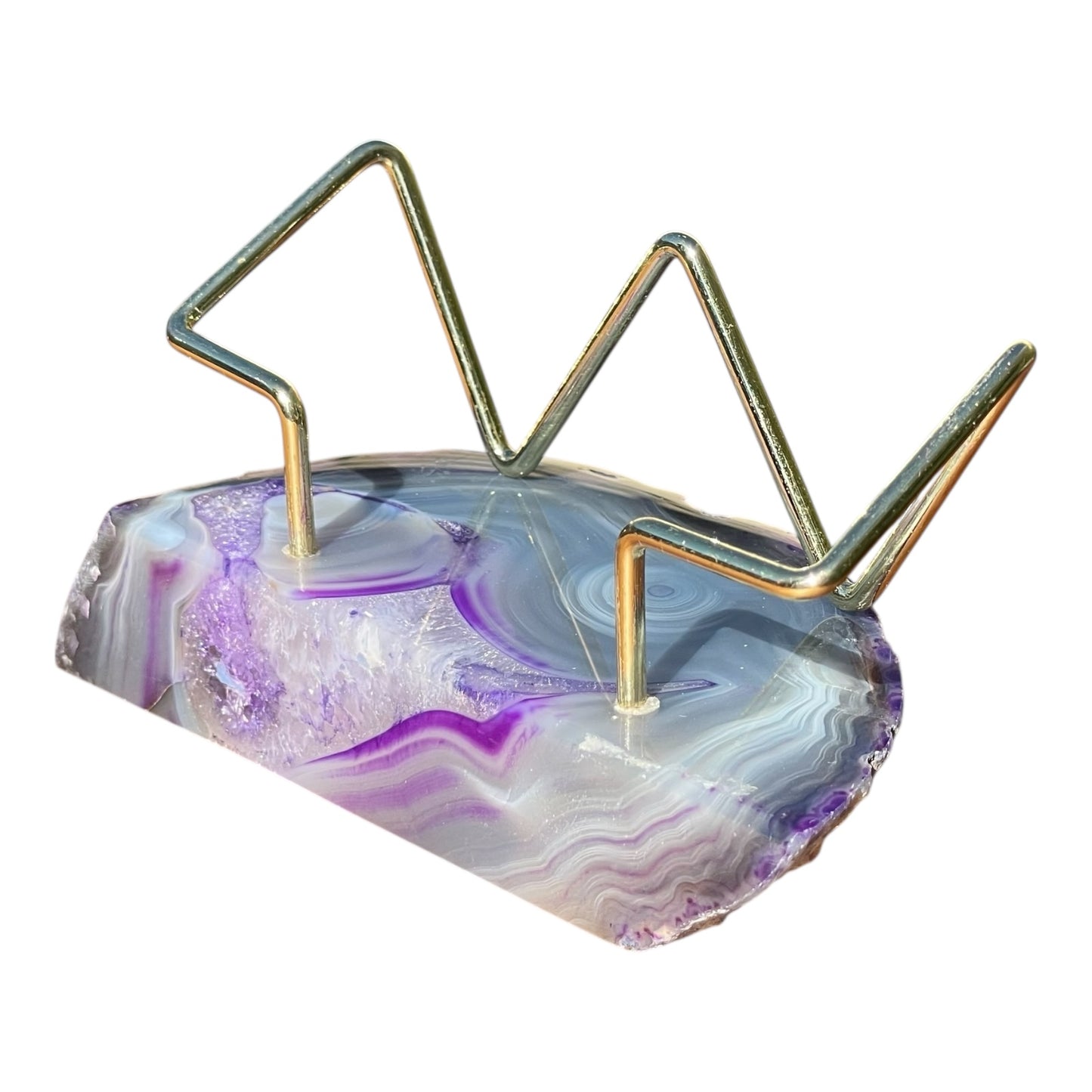 Premium Purple Agate Desk Display Stand with Gold Wire Holder for Professional Office Organization - Holds up to 70 Cards