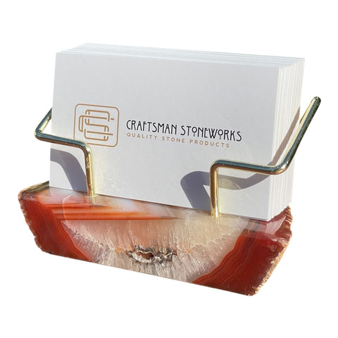 Premium Red Agate Desk Display Stand with Gold Wire Holder for Professional Office Organization - Holds up to 70 Cards
