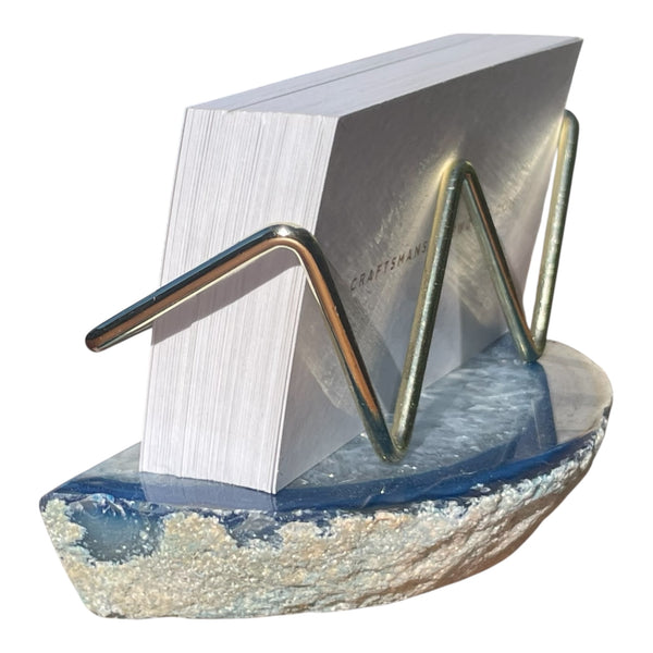 Premium Blue Agate Desk Display Stand with Gold Wire Holder for Professional Office Organization - Holds up to 70 Cards