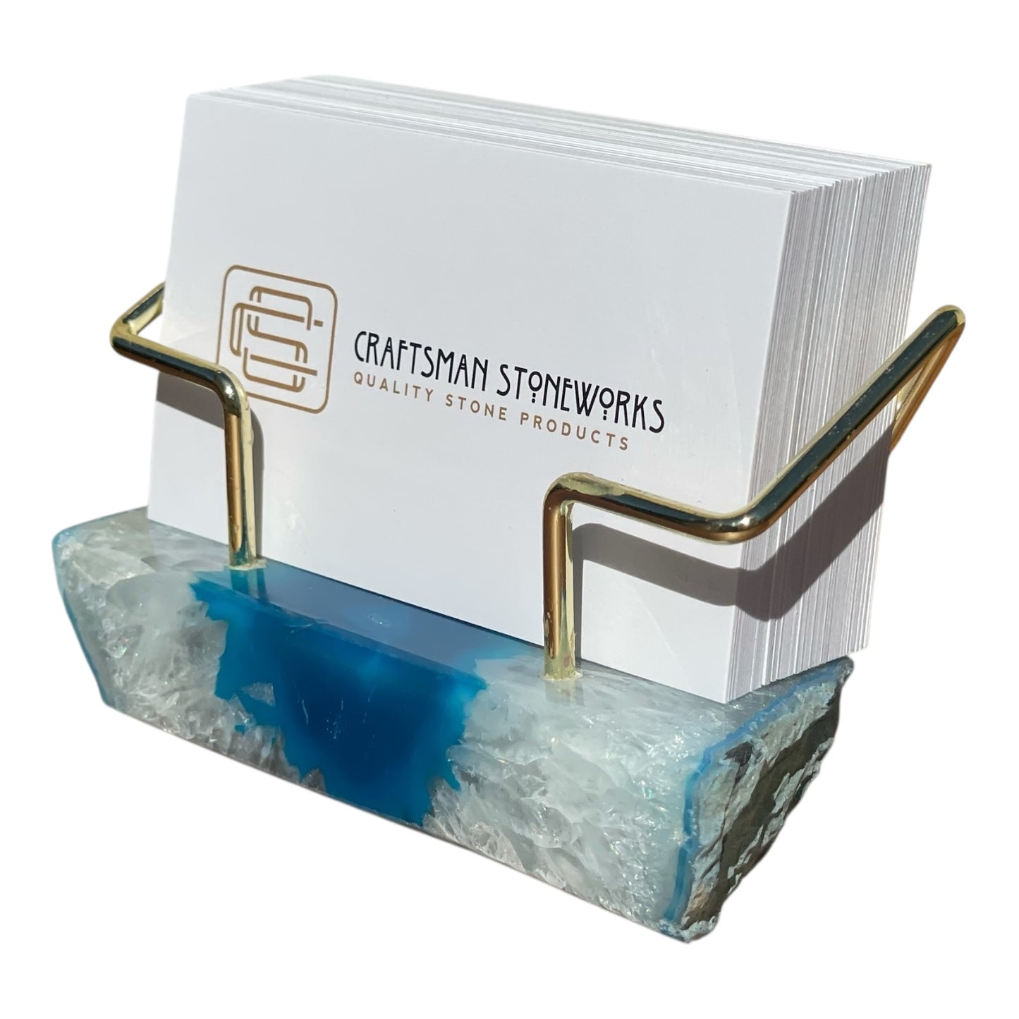 Premium Teal Agate Desk Display Stand with Gold Wire Holder for Professional Office Organization - Holds up to 70 Cards