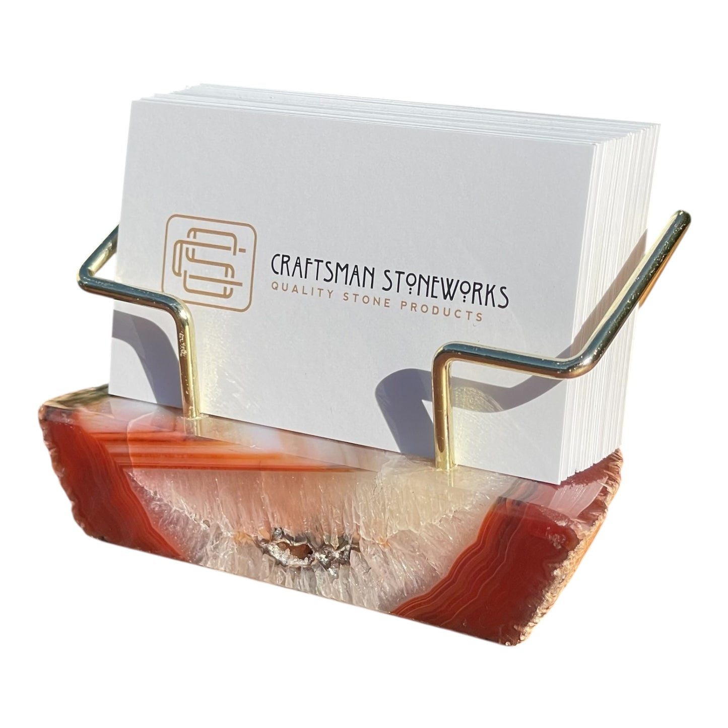 Premium Red Agate Desk Display Stand with Gold Wire Holder for Professional Office Organization - Holds up to 70 Cards