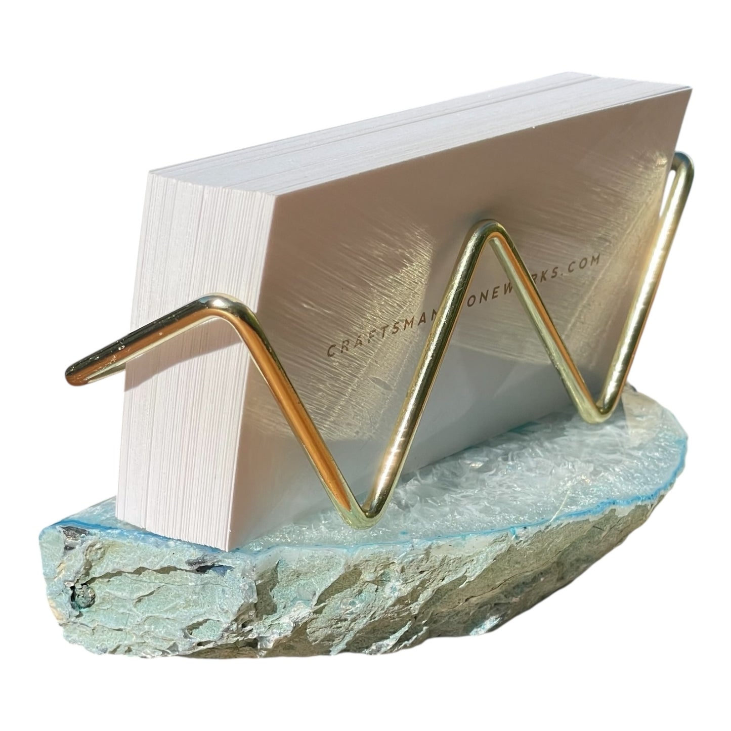 Premium Teal Agate Desk Display Stand with Gold Wire Holder for Professional Office Organization - Holds up to 70 Cards