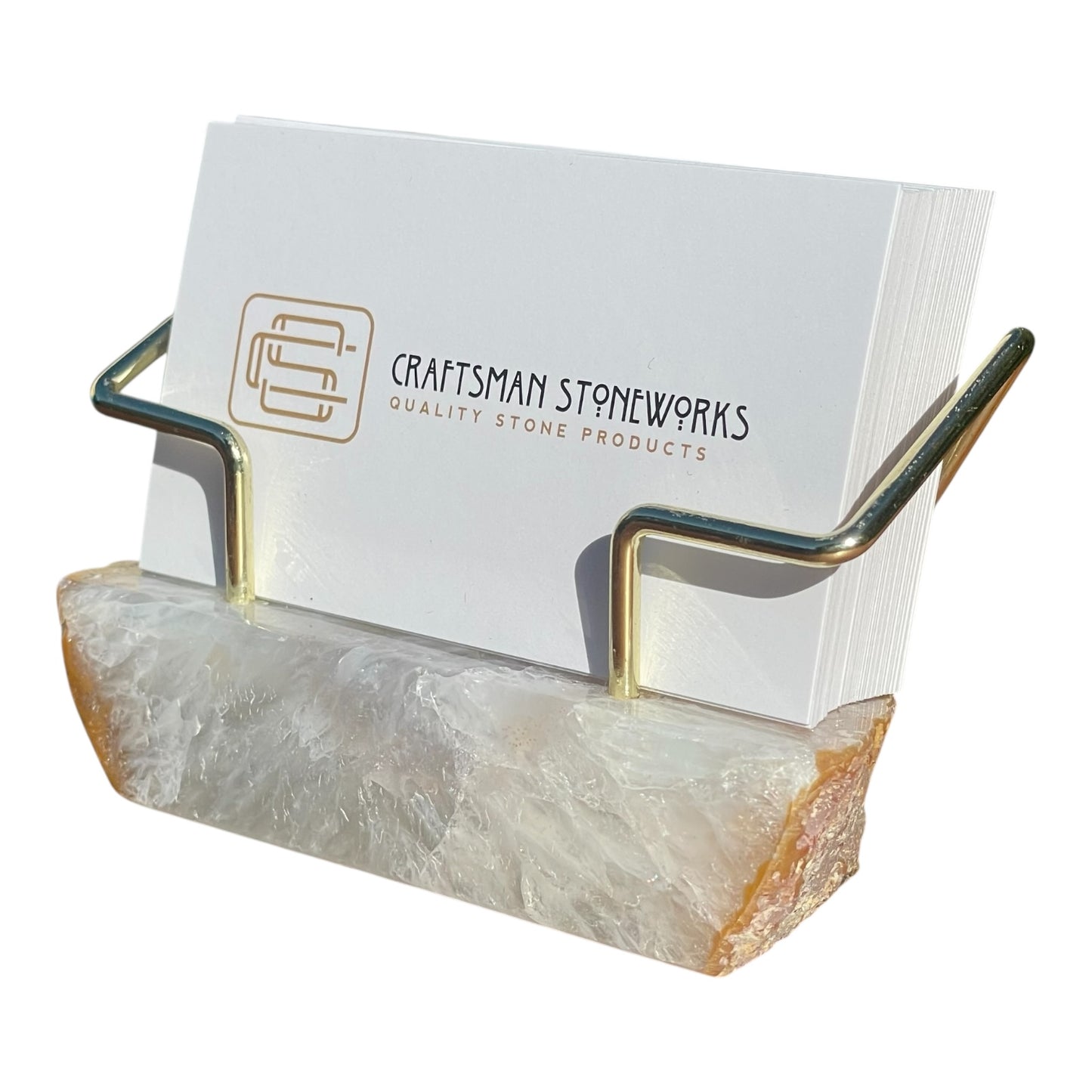 Premium Natural Un-Dyed Agate Desk Display Stand with Gold Wire Holder for Professional Office Organization - Holds up to 70 Cards