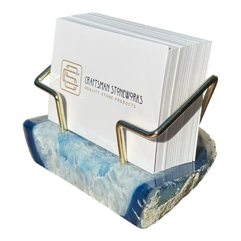 Premium Blue Agate Desk Display Stand with Gold Wire Holder for Professional Office Organization - Holds up to 70 Cards