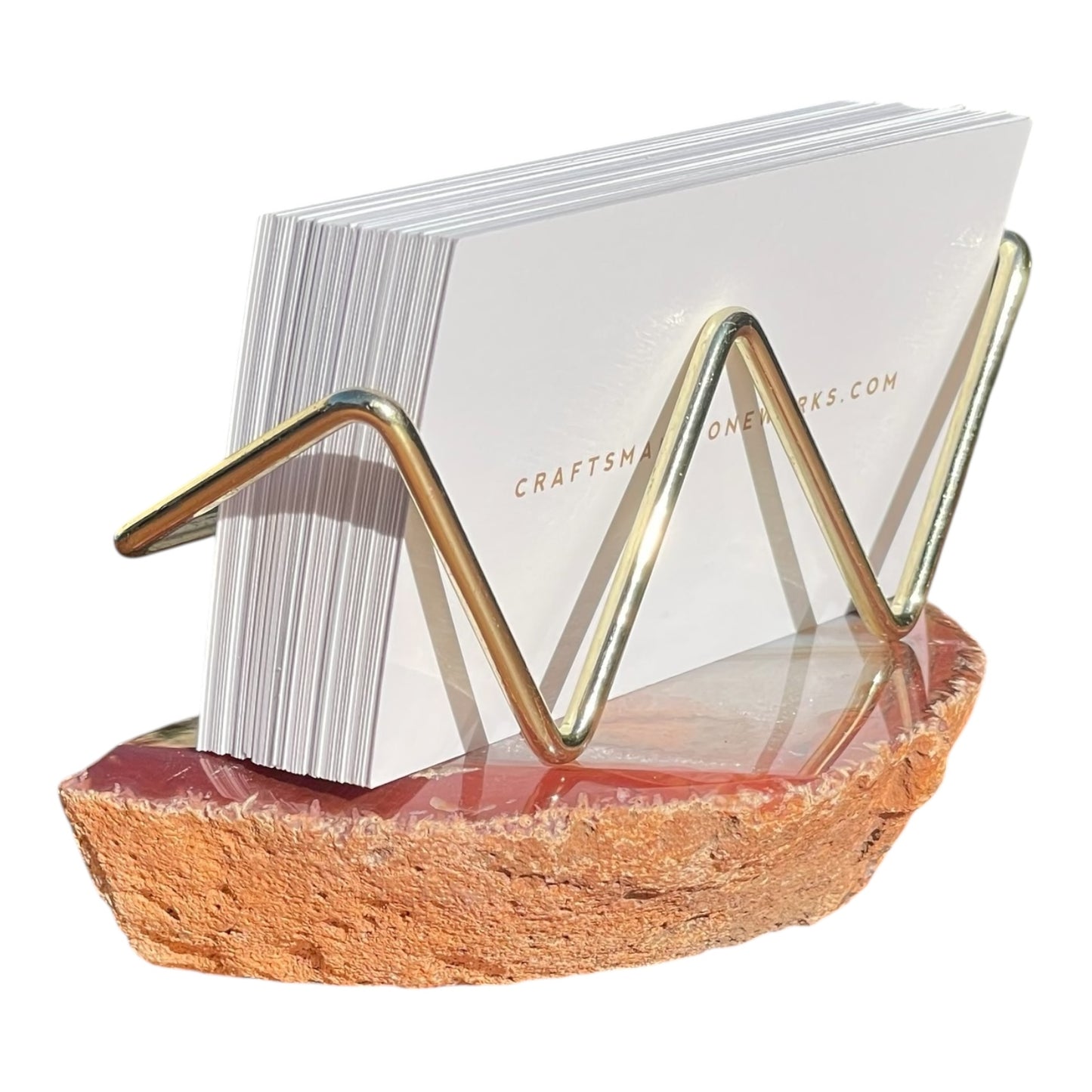 Premium Red Agate Desk Display Stand with Gold Wire Holder for Professional Office Organization - Holds up to 70 Cards