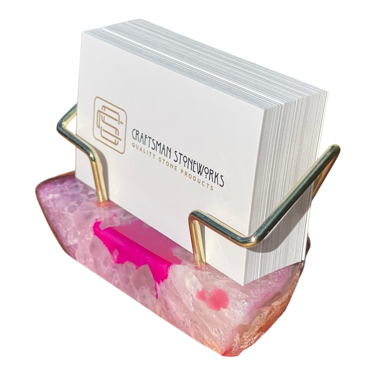 Premium Pink Agate Desk Display Stand with Gold Wire Holder for Professional Office Organization - Holds up to 70 Cards