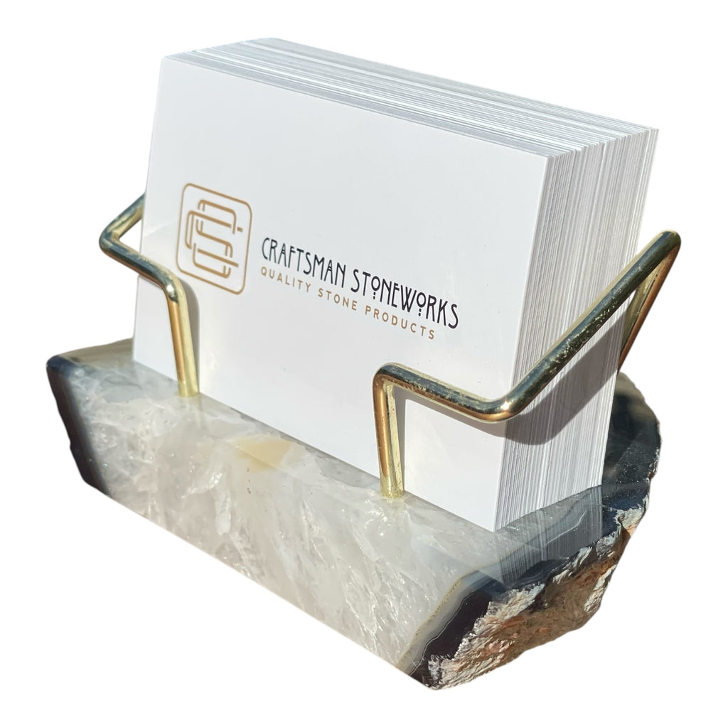 Premium Black Agate Desk Display Stand with Gold Wire Holder for Professional Office Organization - Holds up to 70 Cards