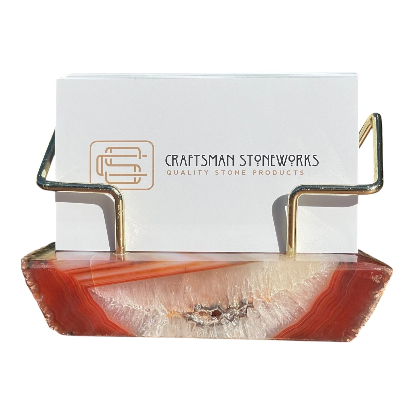 Premium Red Agate Desk Display Stand with Gold Wire Holder for Professional Office Organization - Holds up to 70 Cards