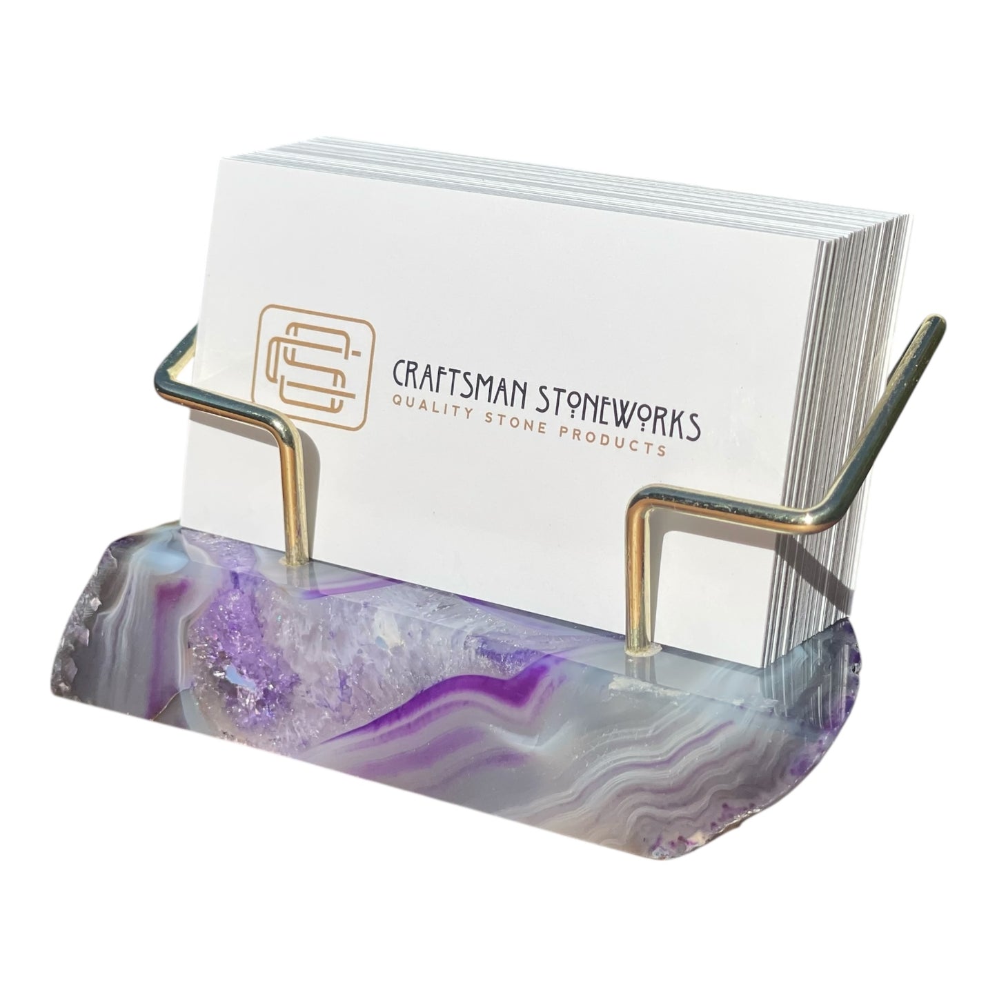 Premium Purple Agate Desk Display Stand with Gold Wire Holder for Professional Office Organization - Holds up to 70 Cards