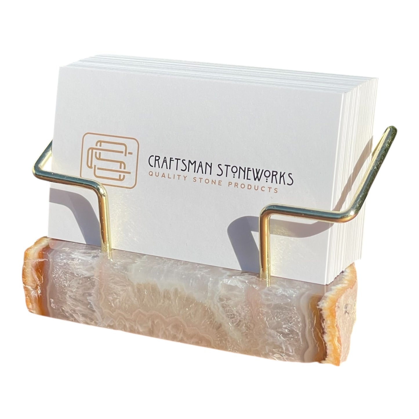 Premium Natural Un-Dyed Agate Desk Display Stand with Gold Wire Holder for Professional Office Organization - Holds up to 70 Cards