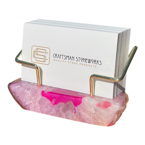 Premium Pink Agate Desk Display Stand with Gold Wire Holder for Professional Office Organization - Holds up to 70 Cards