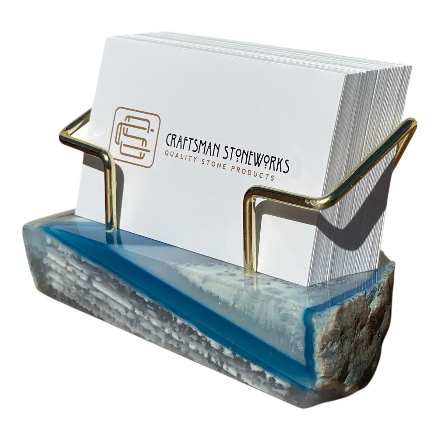 Premium Teal Agate Desk Display Stand with Gold Wire Holder for Professional Office Organization - Holds up to 70 Cards