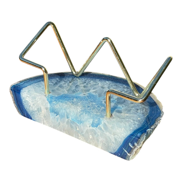 Premium Blue Agate Desk Display Stand with Gold Wire Holder for Professional Office Organization - Holds up to 70 Cards