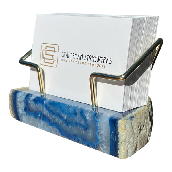 Premium Blue Agate Desk Display Stand with Gold Wire Holder for Professional Office Organization - Holds up to 70 Cards
