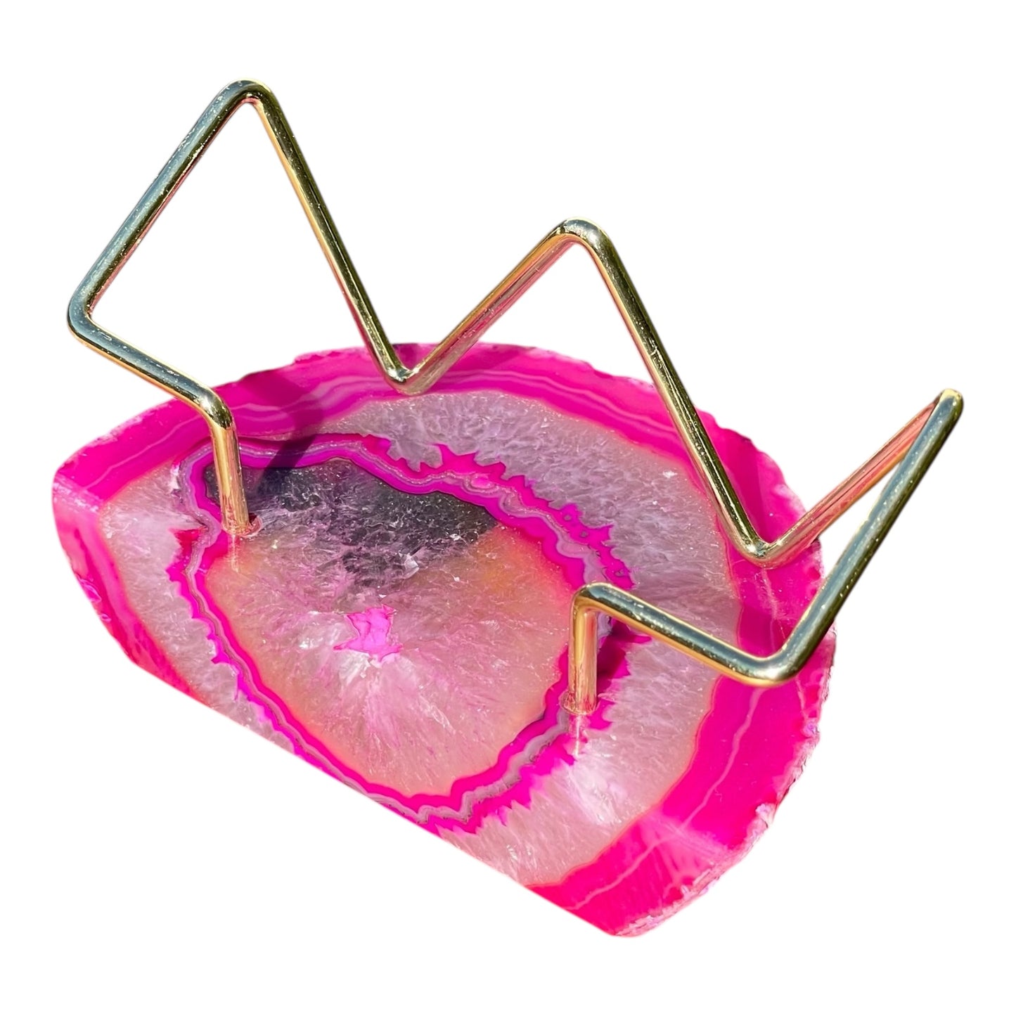 Premium Pink Agate Desk Display Stand with Gold Wire Holder for Professional Office Organization - Holds up to 70 Cards