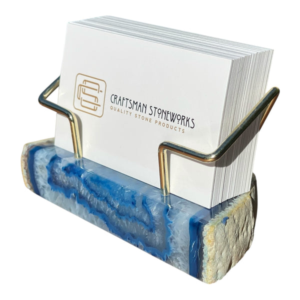 Premium Blue Agate Desk Display Stand with Gold Wire Holder for Professional Office Organization - Holds up to 70 Cards