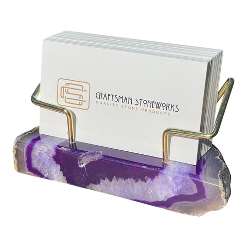 Premium Purple Agate Desk Display Stand with Gold Wire Holder for Professional Office Organization - Holds up to 70 Cards