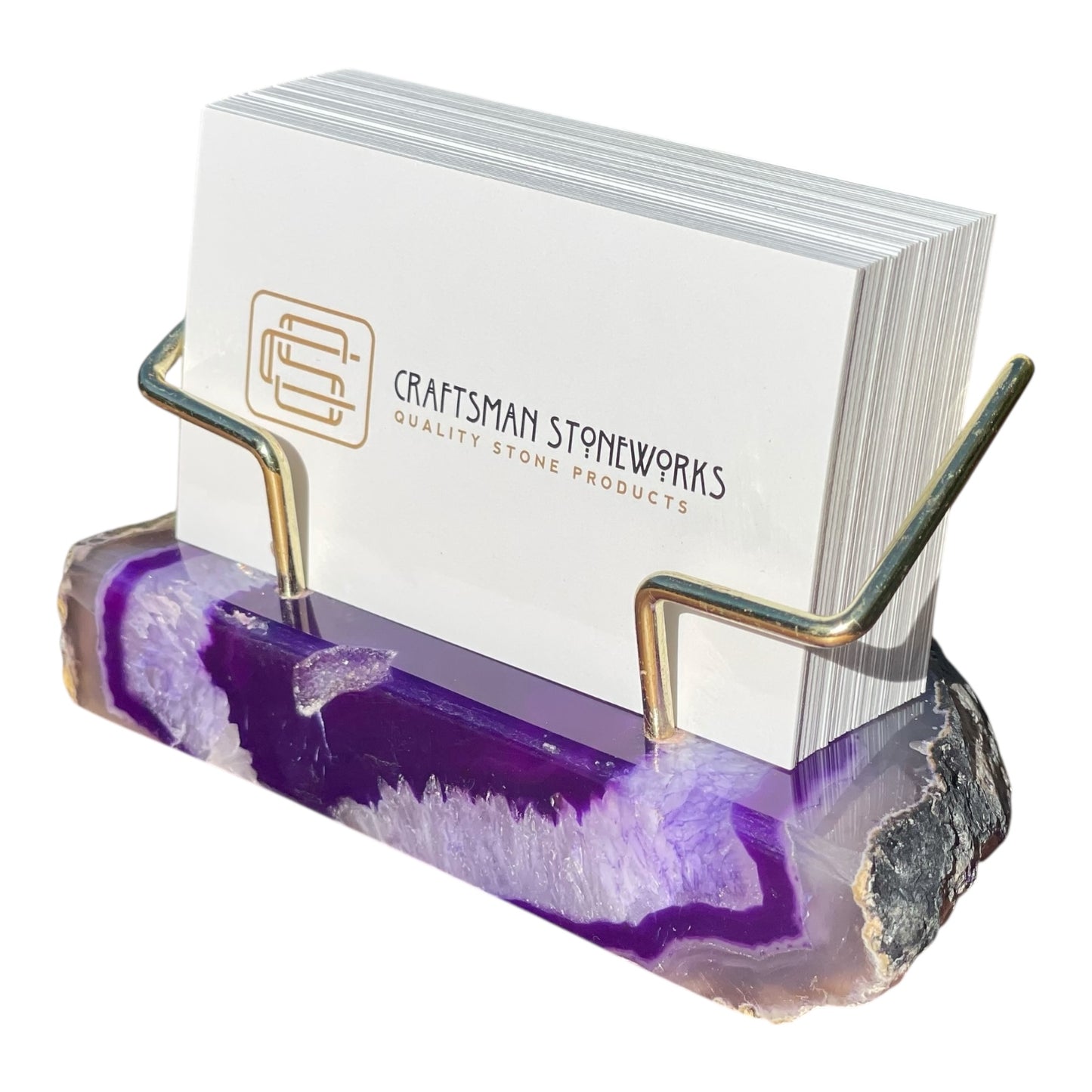 Premium Purple Agate Desk Display Stand with Gold Wire Holder for Professional Office Organization - Holds up to 70 Cards