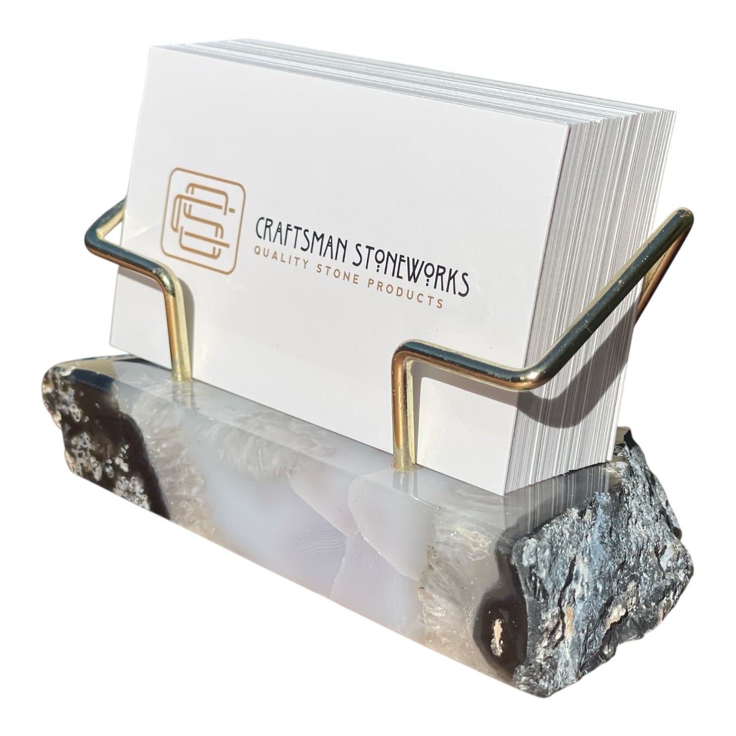 Premium Black Agate Desk Display Stand with Gold Wire Holder for Professional Office Organization - Holds up to 70 Cards