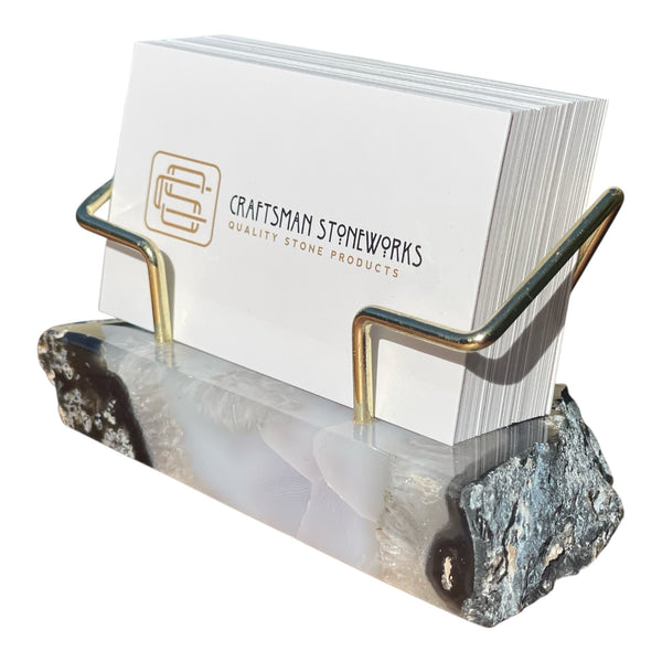Premium Black Agate Desk Display Stand with Gold Wire Holder for Professional Office Organization - Holds up to 70 Cards