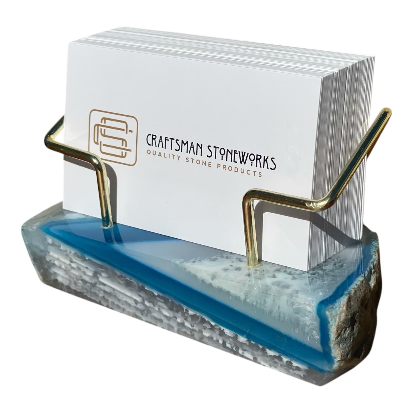 Premium Teal Agate Desk Display Stand with Gold Wire Holder for Professional Office Organization - Holds up to 70 Cards
