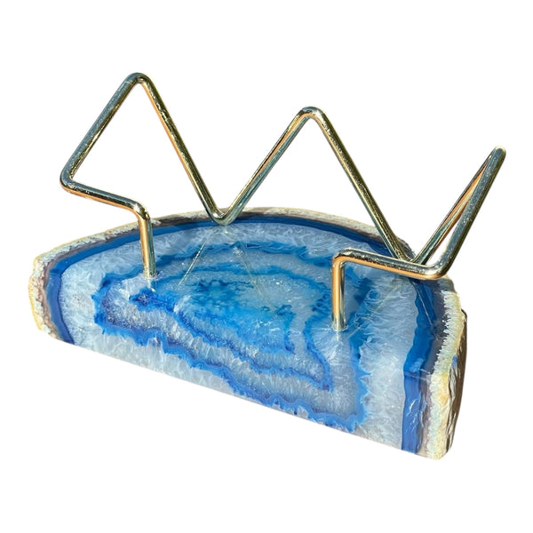 Premium Blue Agate Desk Display Stand with Gold Wire Holder for Professional Office Organization - Holds up to 70 Cards