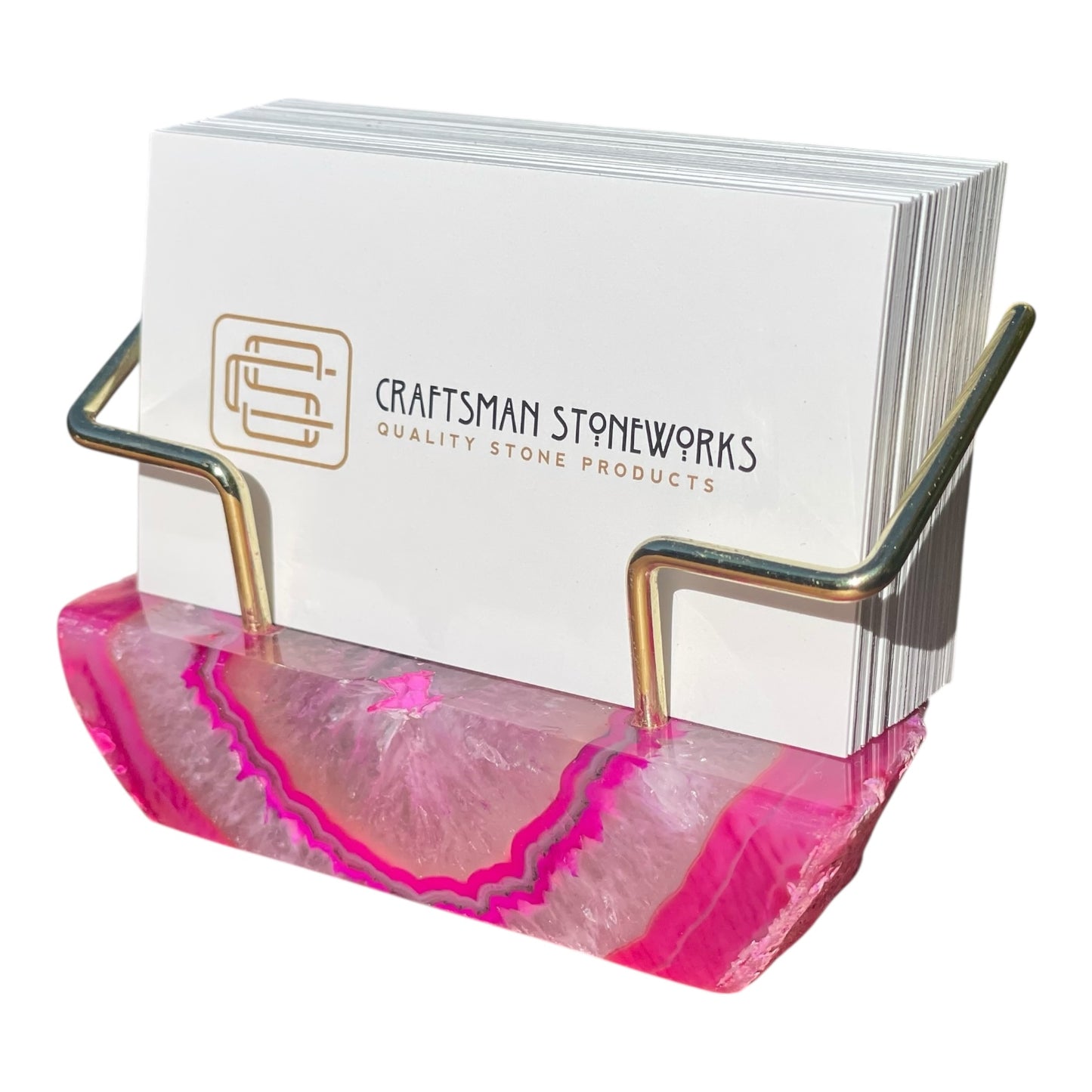 Premium Pink Agate Desk Display Stand with Gold Wire Holder for Professional Office Organization - Holds up to 70 Cards