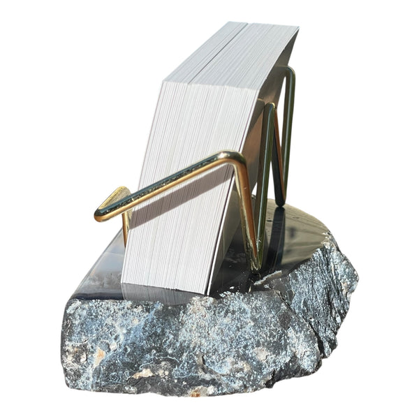 Premium Black Agate Desk Display Stand with Gold Wire Holder for Professional Office Organization - Holds up to 70 Cards