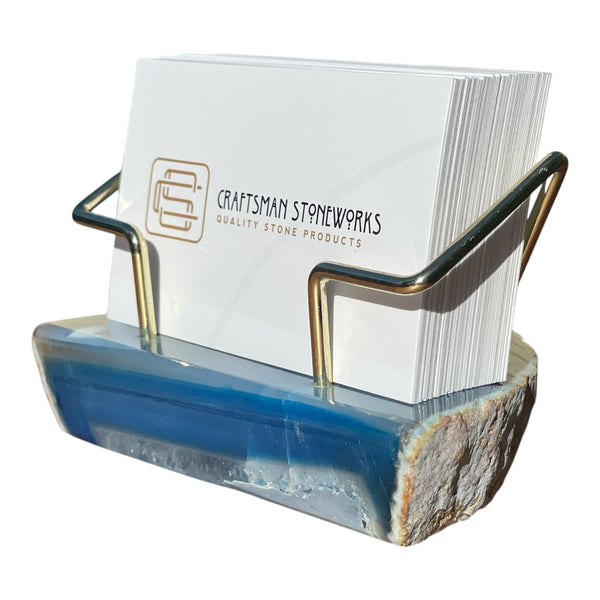 Premium Blue Agate Desk Display Stand with Gold Wire Holder for Professional Office Organization - Holds up to 70 Cards