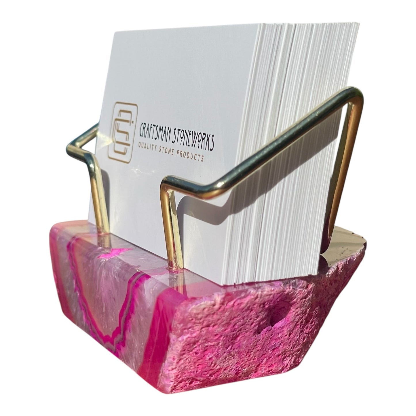 Premium Pink Agate Desk Display Stand with Gold Wire Holder for Professional Office Organization - Holds up to 70 Cards
