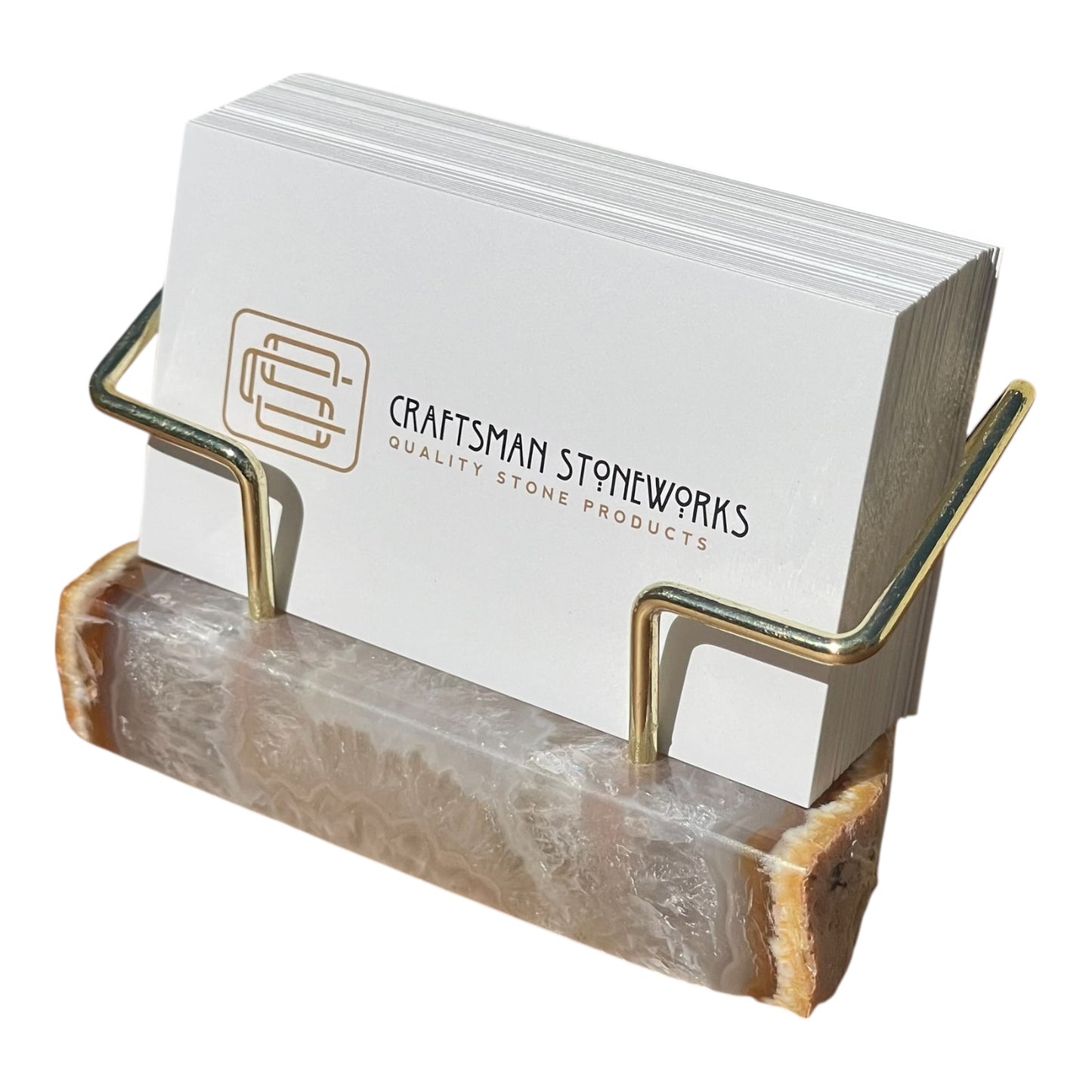 Premium Natural Un-Dyed Agate Desk Display Stand with Gold Wire Holder for Professional Office Organization - Holds up to 70 Cards