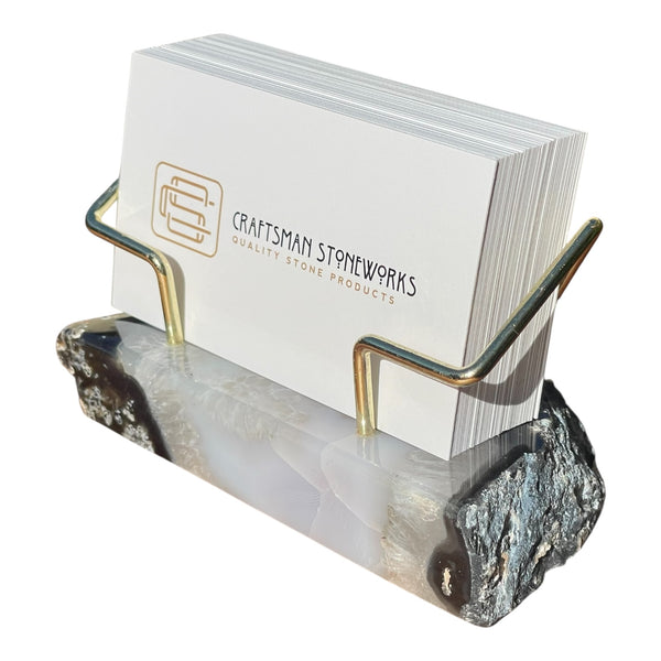 Premium Black Agate Desk Display Stand with Gold Wire Holder for Professional Office Organization - Holds up to 70 Cards