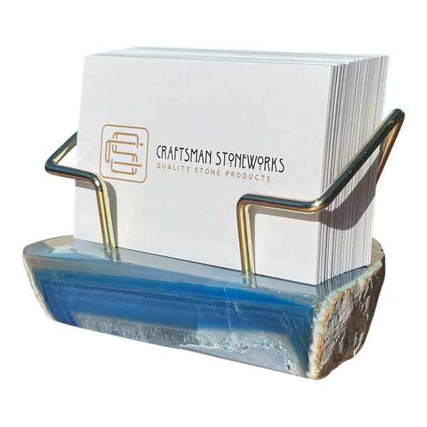 Premium Blue Agate Desk Display Stand with Gold Wire Holder for Professional Office Organization - Holds up to 70 Cards