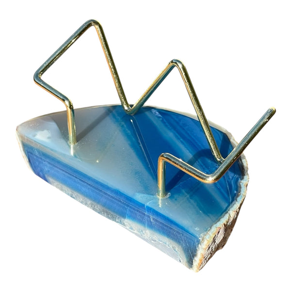 Premium Blue Agate Desk Display Stand with Gold Wire Holder for Professional Office Organization - Holds up to 70 Cards