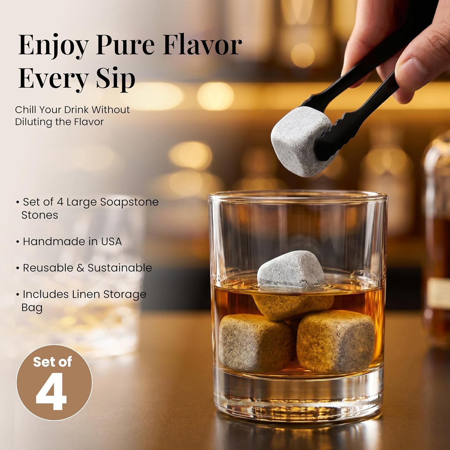Whiskey Stones Soapstone Rock Ice Cubes - Large Size - Set of 4