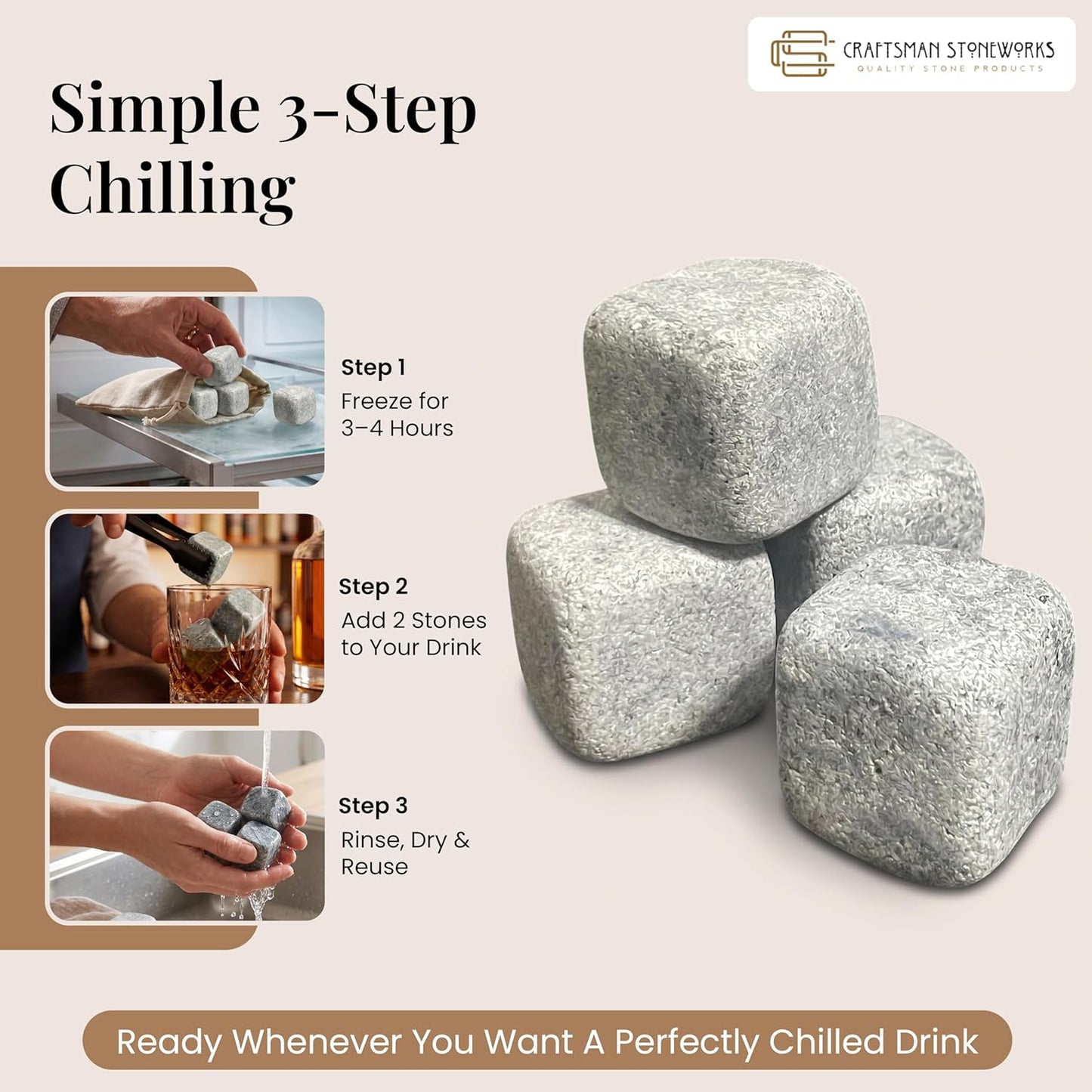 Whiskey Stones Soapstone Rock Ice Cubes - Large Size - Set of 4