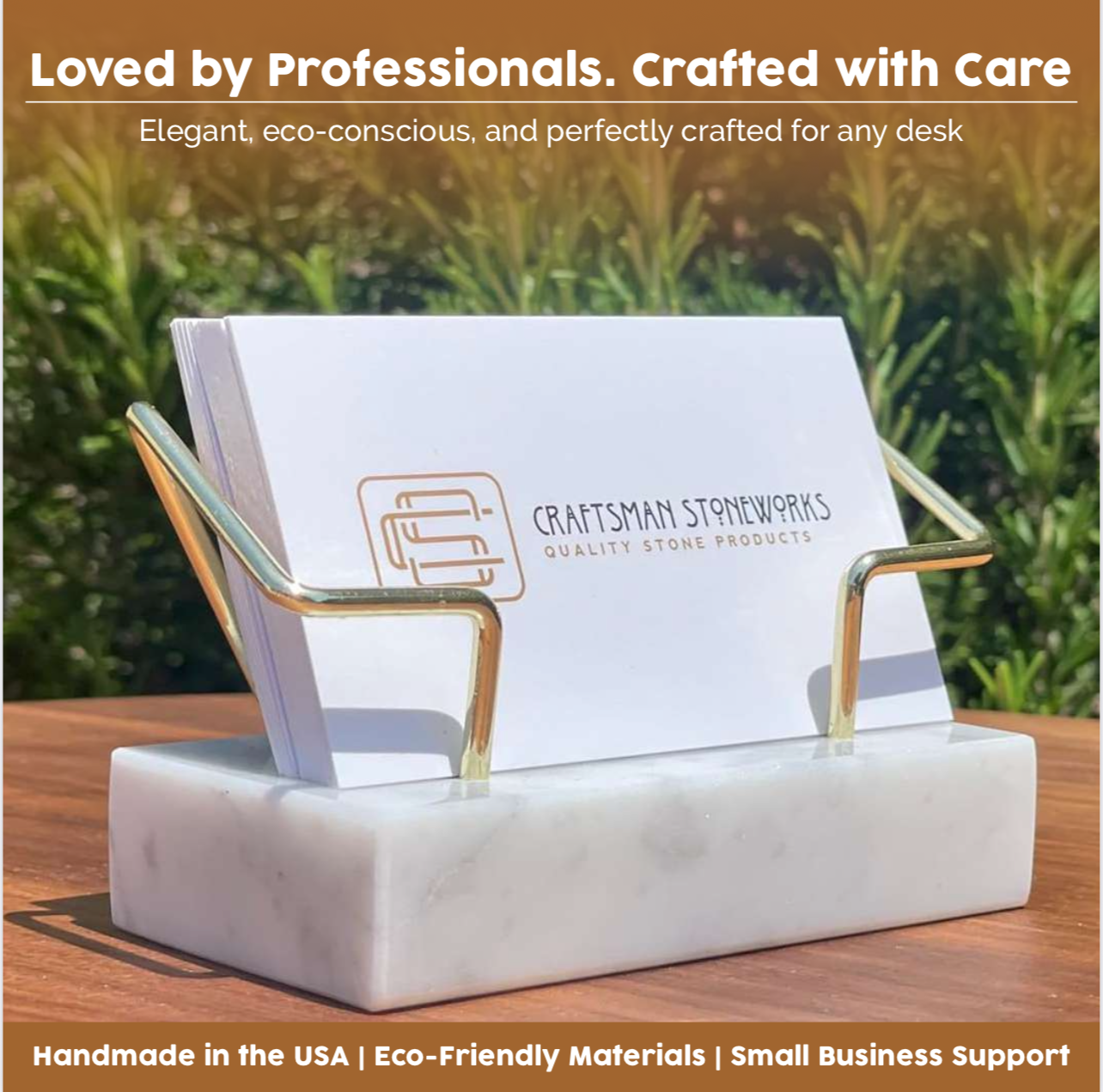 White Marble Business Card Holder with Gold Wire Frame - Handcrafted