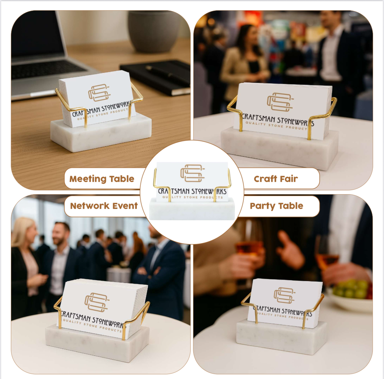 White Marble Business Card Holder with Gold Wire Frame - Handcrafted